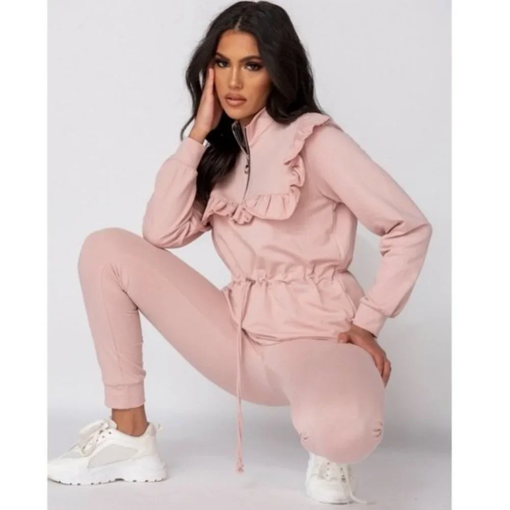 Pink Long Sleeve High Neck Frill Detail Top and Jogger Pants Two Piece Set - Picture 7 of 11